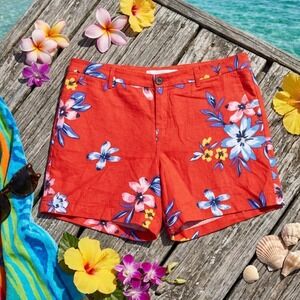 Old Navy Linen Shorts Womens 14 Red Orange Floral Print Zipper Fly Summer‎ Boho